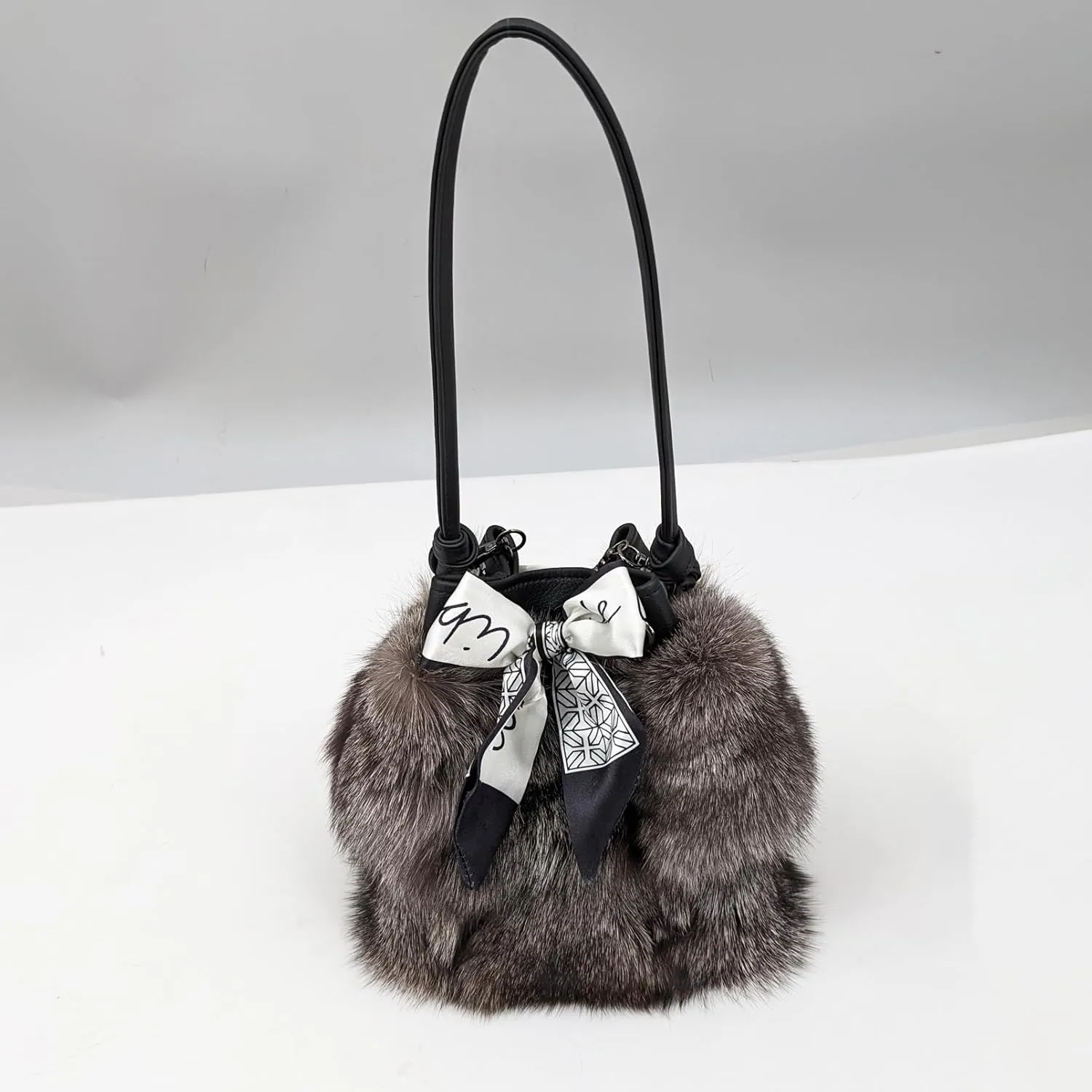 LVCOMEFF Women Natural Fox Fur Mini Handbag Bucket Bag Purse Drawstring Ribbon