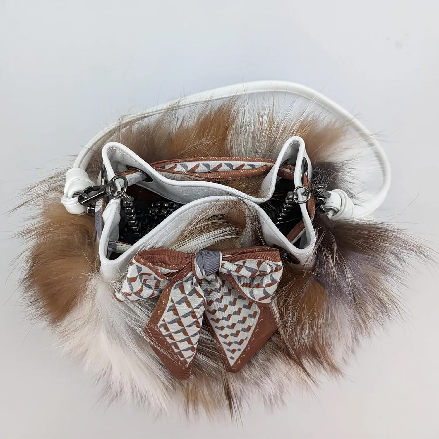 LVCOMEFF Women Natural Fox Fur Mini Handbag Bucket Bag Purse Drawstring Ribbon