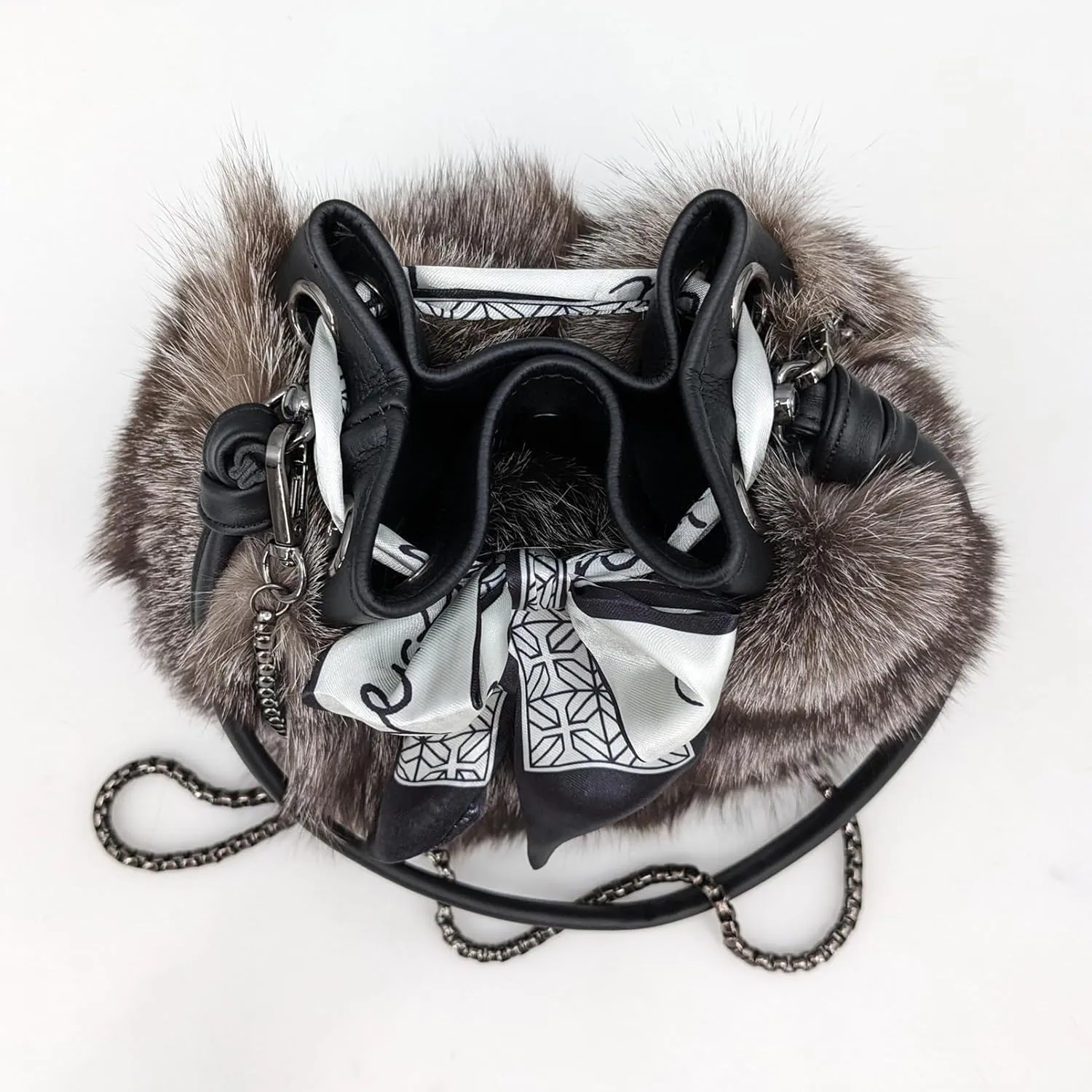 LVCOMEFF Women Natural Fox Fur Mini Handbag Bucket Bag Purse Drawstring Ribbon