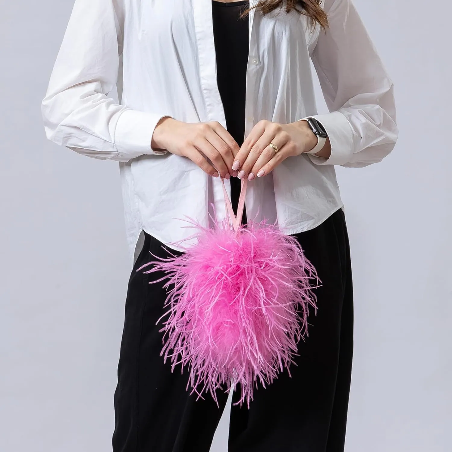 LVCOMEFF Women Ostrich Feather Drawstring Handbag Cute Mini Bucket Purse Furry for Party Wedding