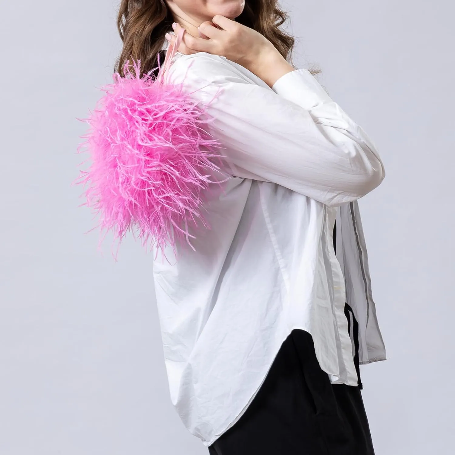 LVCOMEFF Women Ostrich Feather Drawstring Handbag Cute Mini Bucket Purse Furry for Party Wedding