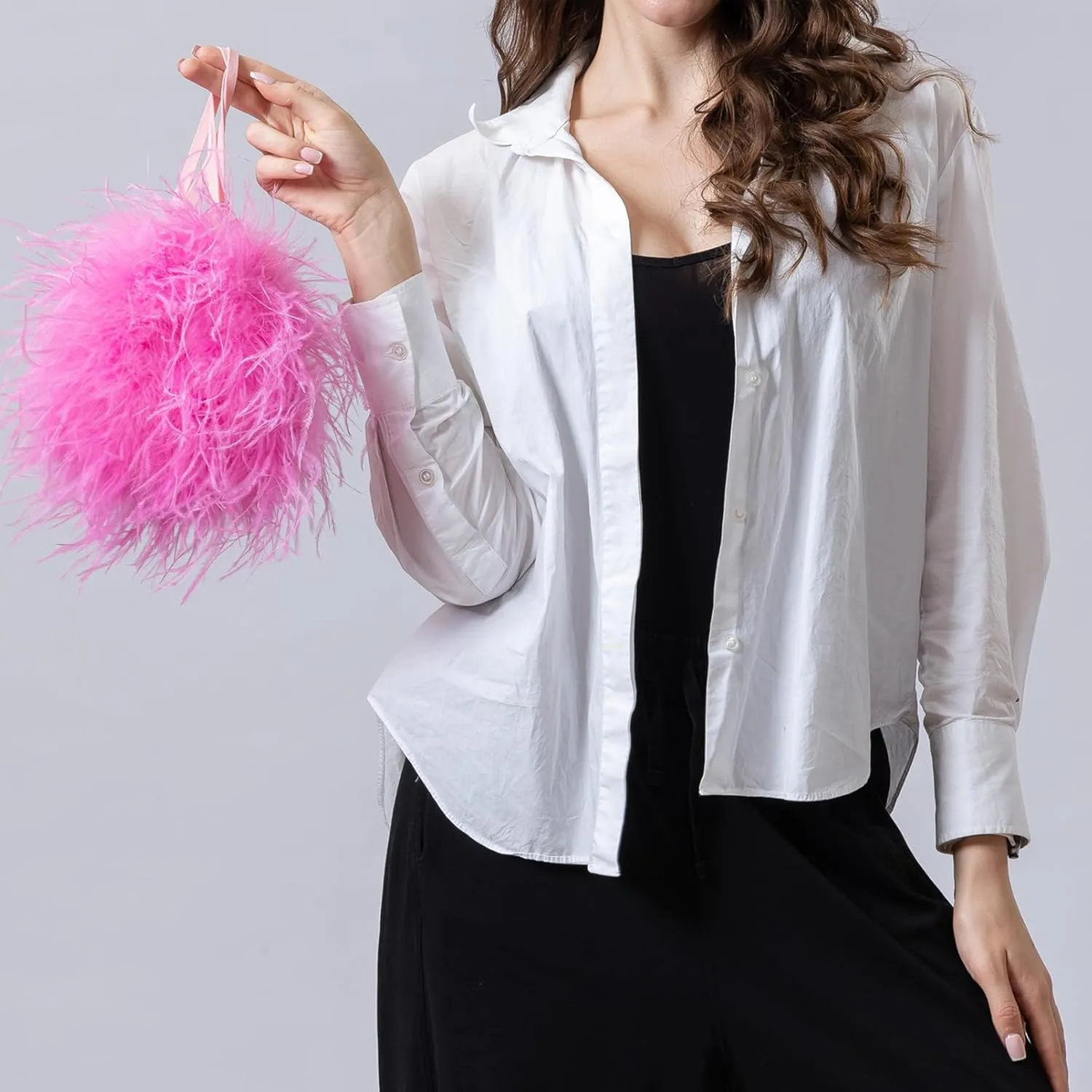 LVCOMEFF Women Ostrich Feather Drawstring Handbag Cute Mini Bucket Purse Furry for Party Wedding