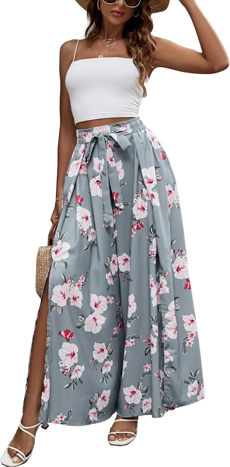 LYANER Women's Tie Front High Waist Side Split Slit Flowy Wide Leg Pleated Pant with Belt