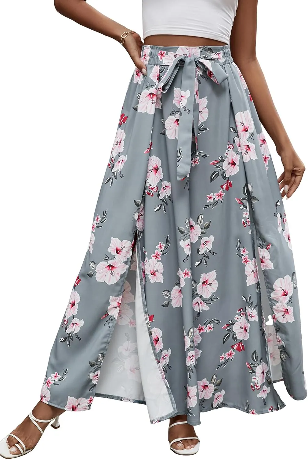 LYANER Women's Tie Front High Waist Side Split Slit Flowy Wide Leg Pleated Pant with Belt