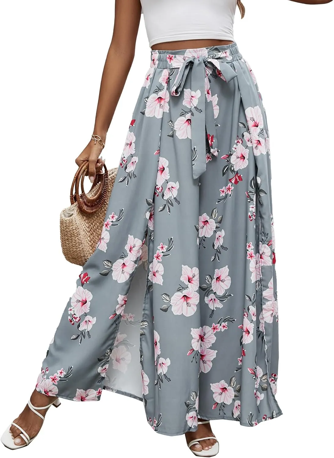 LYANER Women's Tie Front High Waist Side Split Slit Flowy Wide Leg Pleated Pant with Belt