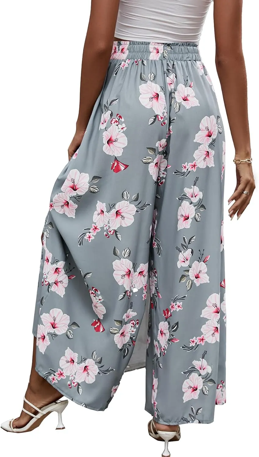 LYANER Women's Tie Front High Waist Side Split Slit Flowy Wide Leg Pleated Pant with Belt
