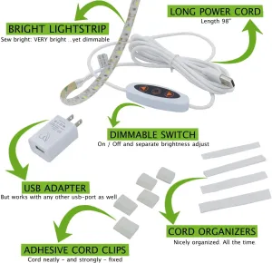 Madam Sew Sewing Machine Light Strip | 12" USB LED Light Strip, Clean White Lights for Brother, Janome, Babylock, Pfaff | Dimmable, 98" Power Cord, and Clips Included