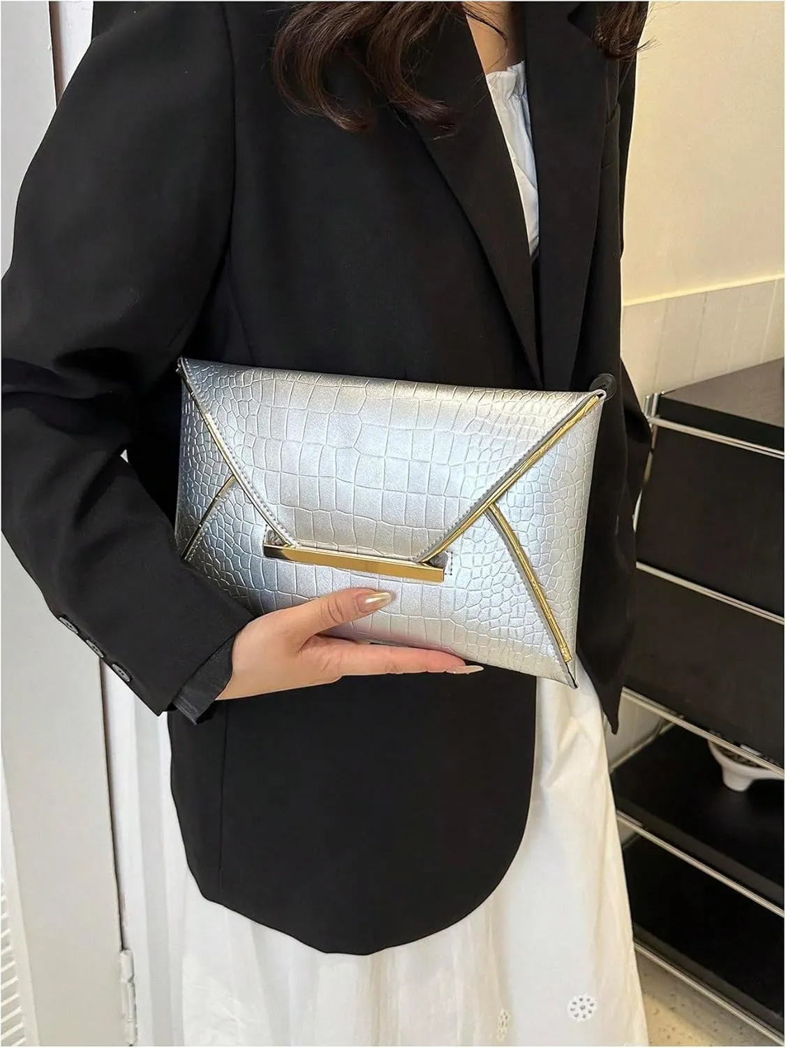 MakeMeChic Women's Glitter Crocodile PU Leather Envelope Medium Evening Bag Clutch Handbags