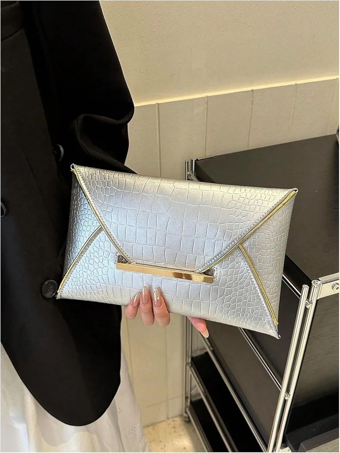MakeMeChic Women's Glitter Crocodile PU Leather Envelope Medium Evening Bag Clutch Handbags