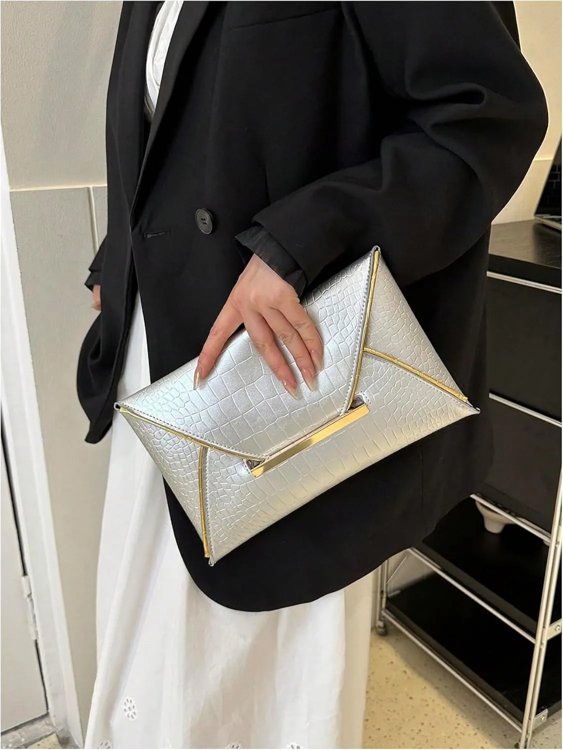 MakeMeChic Women's Glitter Crocodile PU Leather Envelope Medium Evening Bag Clutch Handbags