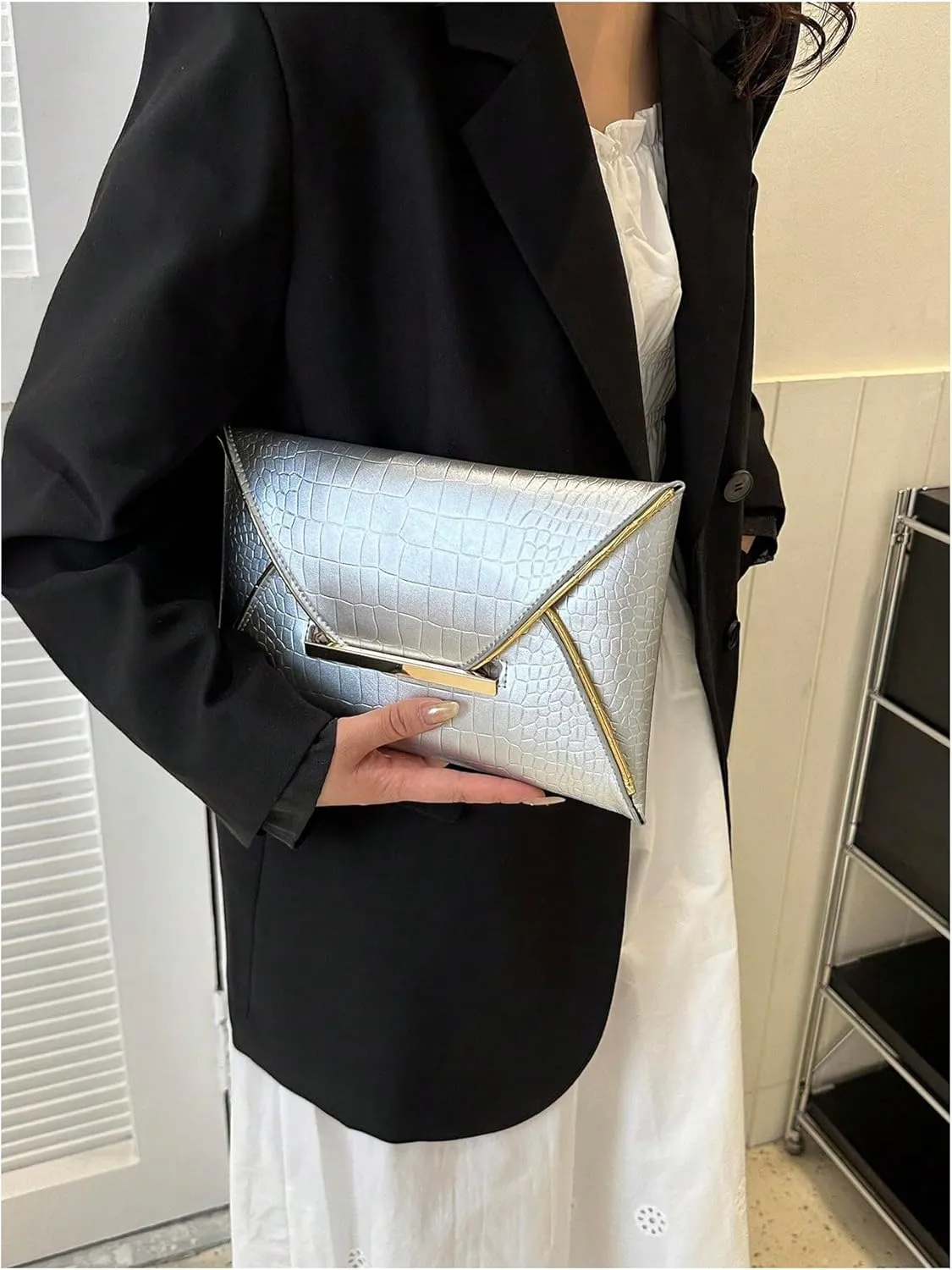 MakeMeChic Women's Glitter Crocodile PU Leather Envelope Medium Evening Bag Clutch Handbags