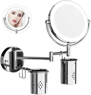 Makeup Mirror Vanity Mirror 8-inch Bathroom Vanity Mirror,Double-Sided LED Mirror Makeup Mirror Magnifying Beauty Mirror with Light Storage Bucket Cosmetic Mirror