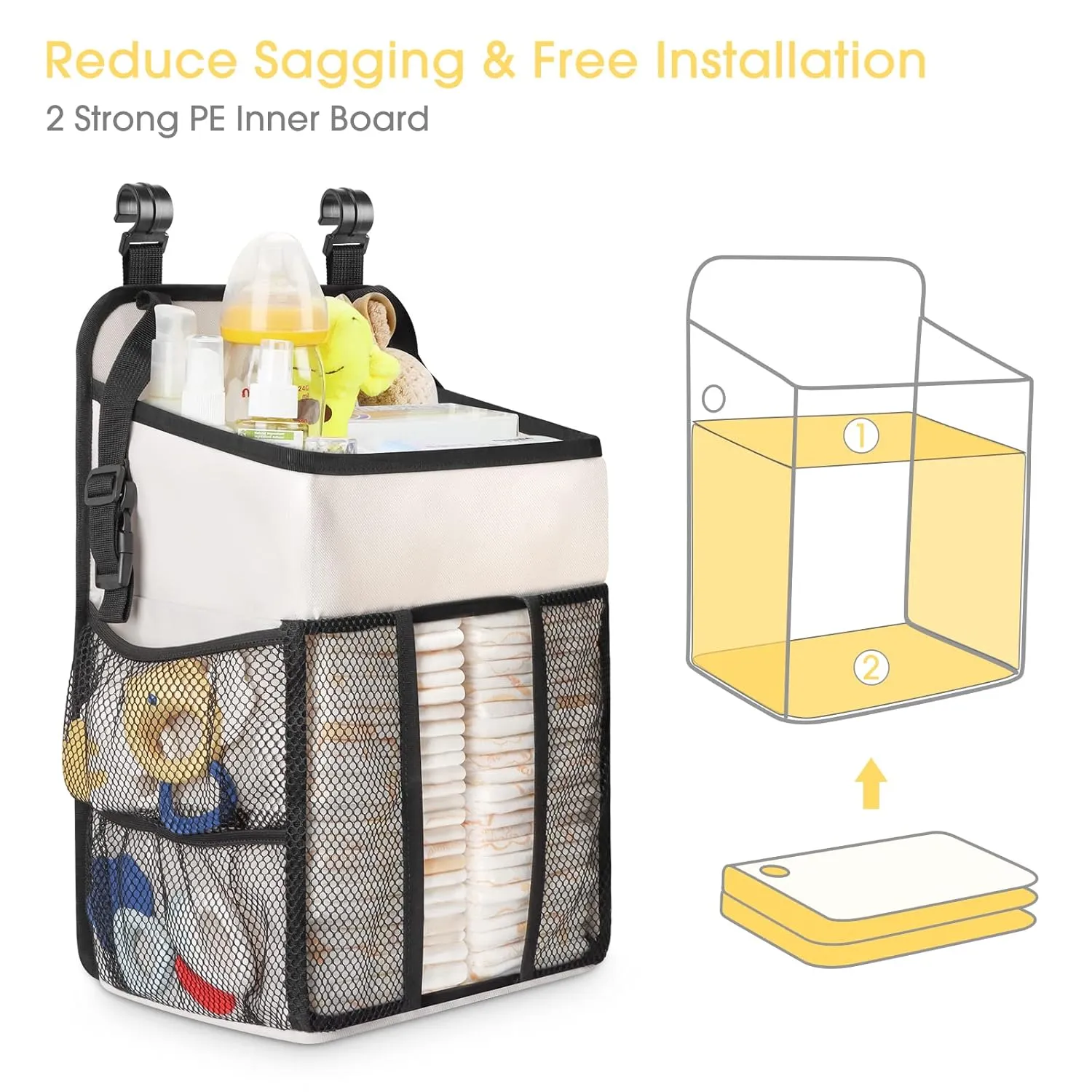 Maliton Hanging Diaper Organizer - Caddy for Changing Table, Crib, Pack n' Play - Stacker Holds 52  Diapers - Nursery Organizer & Baby Shower Gifts - Beige