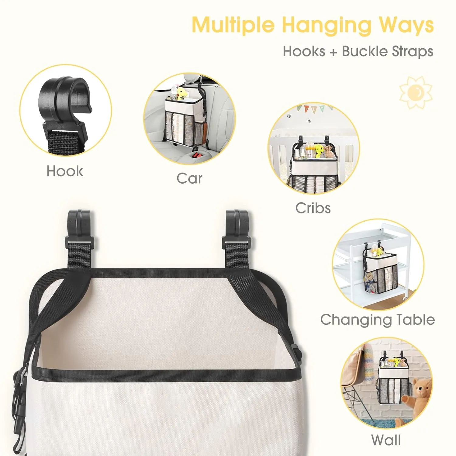 Maliton Hanging Diaper Organizer - Caddy for Changing Table, Crib, Pack n' Play - Stacker Holds 52  Diapers - Nursery Organizer & Baby Shower Gifts - Beige