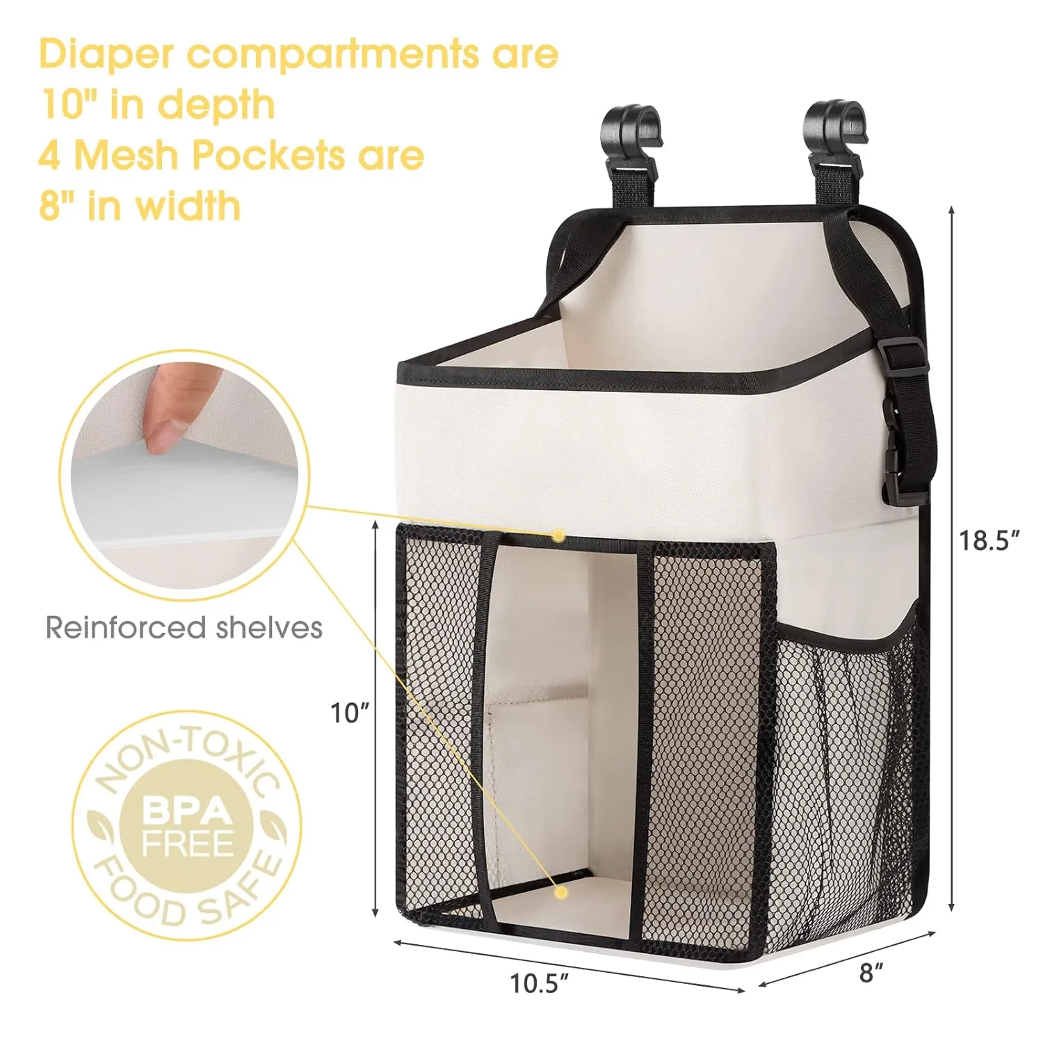 Maliton Hanging Diaper Organizer - Caddy for Changing Table, Crib, Pack n' Play - Stacker Holds 52  Diapers - Nursery Organizer & Baby Shower Gifts - Beige