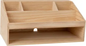 Martha Stewart Weston Wooden Desktop Organizer with Open Lower Storage Compartment, Paulownia Wood Multipurpose Storage Caddy, Light Natural