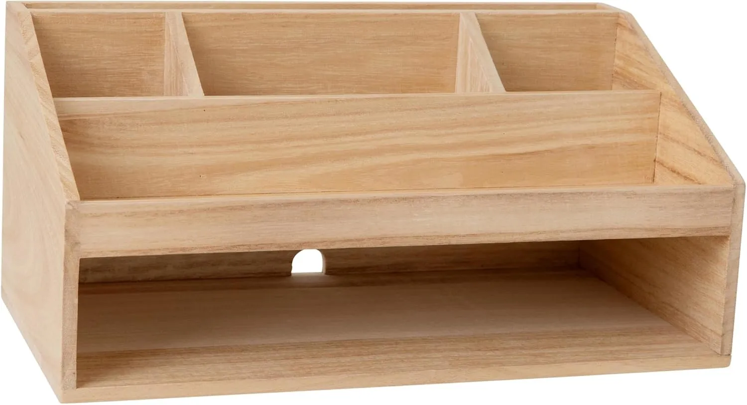 Martha Stewart Weston Wooden Desktop Organizer with Open Lower Storage Compartment, Paulownia Wood Multipurpose Storage Caddy, Light Natural