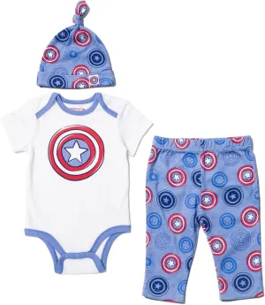 Marvel Avengers Hulk Captain America Spider-Man Baby Bodysuit Pants and Hat 3 Piece Outfit Set Newborn to Infant