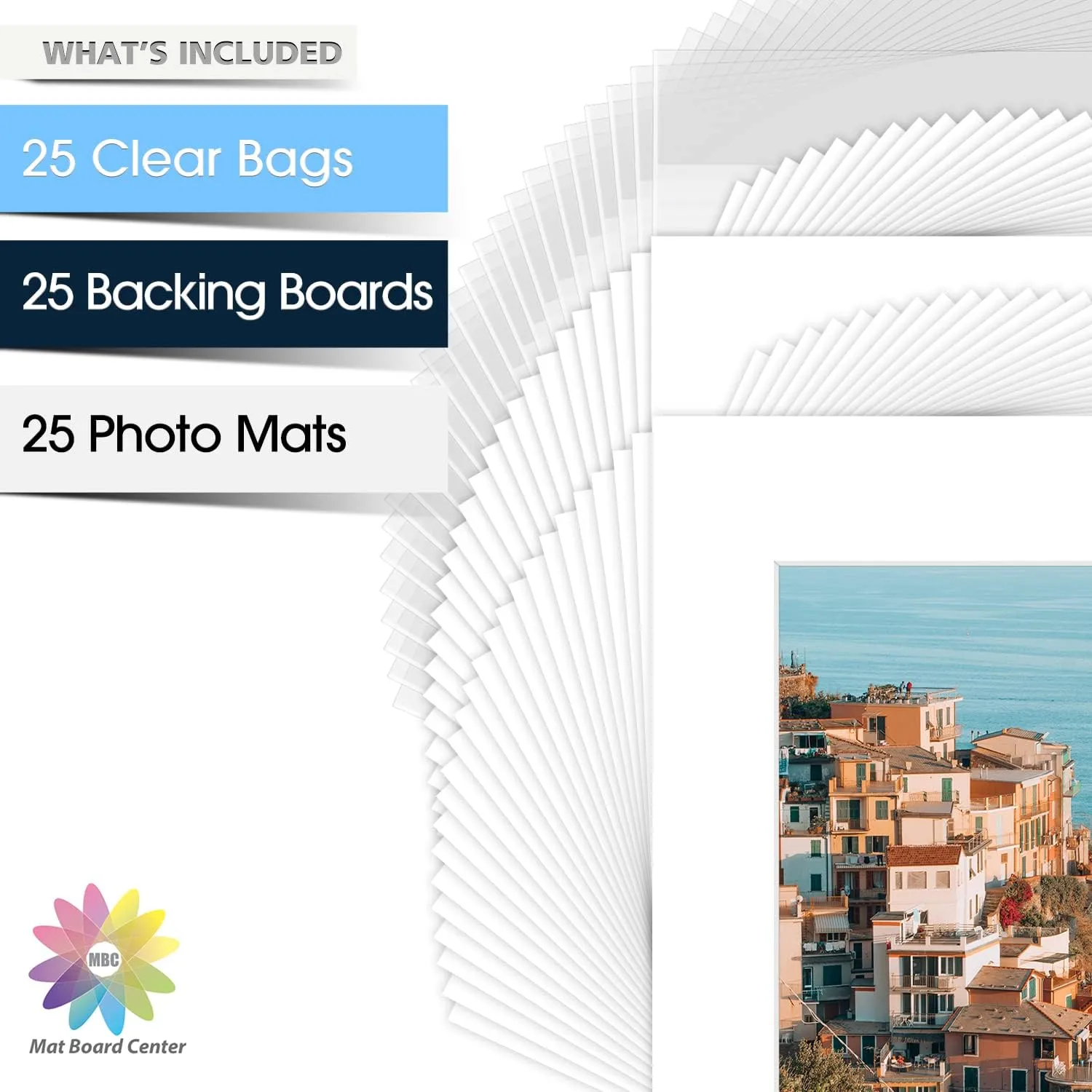 Mat Board Center, 25 Pack of White Pre-Cut Mat Board 16x20 Picture Mat for 11x14 Photo with White Core Bevel Cut Mattes Sets. Includes 25 Acid Free Mats & 25 Backing Board & 25 Clear Bags