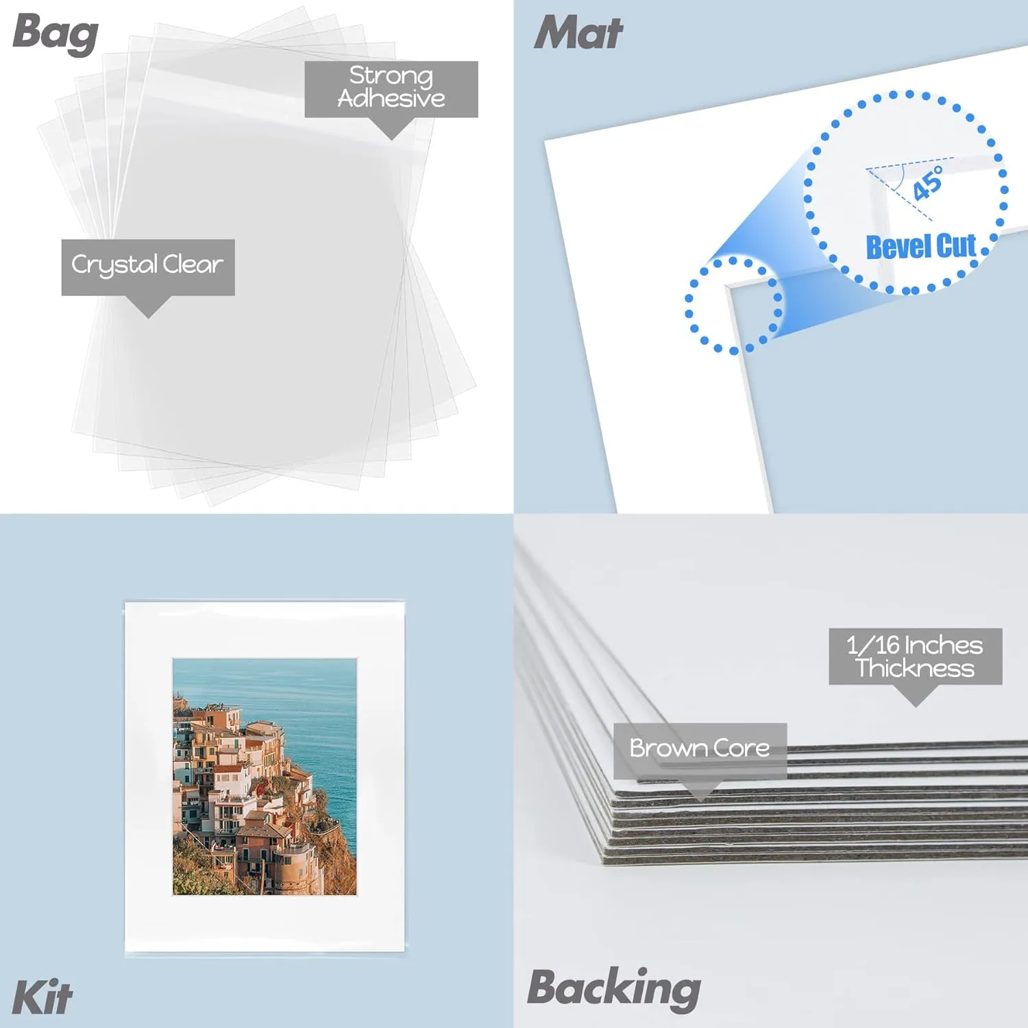 Mat Board Center, 25 Pack of White Pre-Cut Mat Board 16x20 Picture Mat for 11x14 Photo with White Core Bevel Cut Mattes Sets. Includes 25 Acid Free Mats & 25 Backing Board & 25 Clear Bags