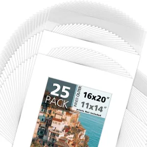Mat Board Center, 25 Pack of White Pre-Cut Mat Board 16x20 Picture Mat for 11x14 Photo with White Core Bevel Cut Mattes Sets. Includes 25 Acid Free Mats & 25 Backing Board & 25 Clear Bags