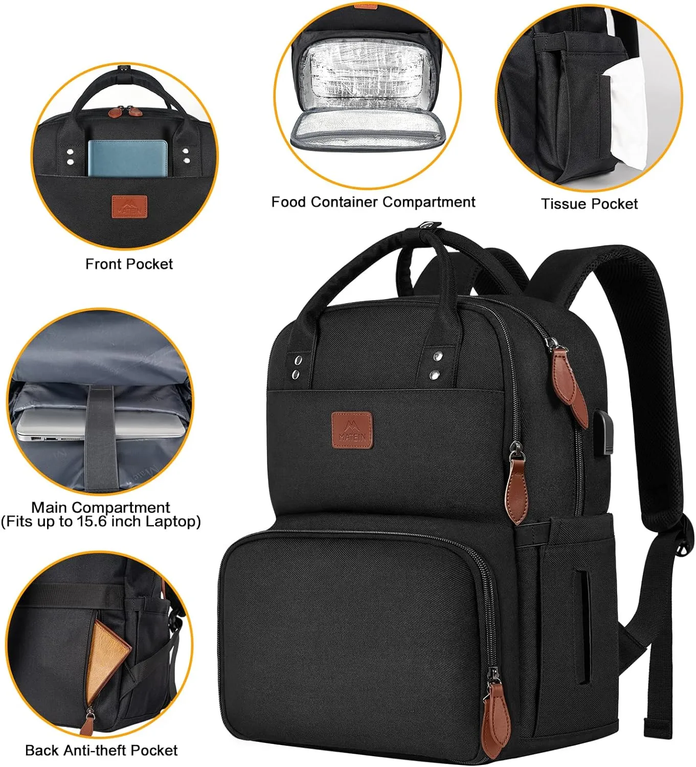 MATEIN Work Backpack Woman, Insulated Cooler Backpacks with Lunch Box, 15.6 Inch Laptop Backpack with USB Port Reusable Water Resistant Tote Food Bag for College Beach Camping Picnics Womens Gifts