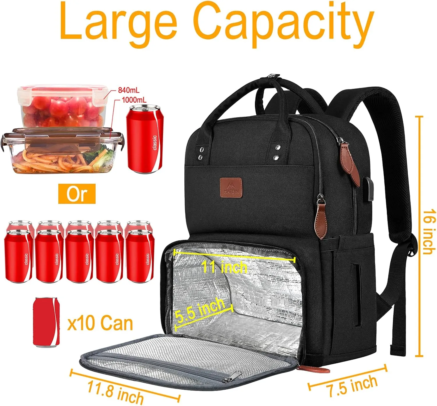 MATEIN Work Backpack Woman, Insulated Cooler Backpacks with Lunch Box, 15.6 Inch Laptop Backpack with USB Port Reusable Water Resistant Tote Food Bag for College Beach Camping Picnics Womens Gifts
