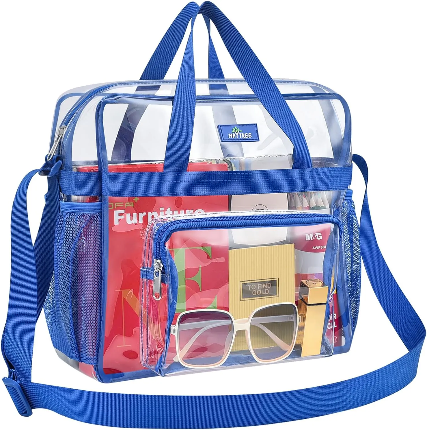 MAY TREE Clear Bag for Stadium Events 12×6×12 Clear Tote Lunch Bag with Reinforced Straps for Work and Sporting Events, Blue