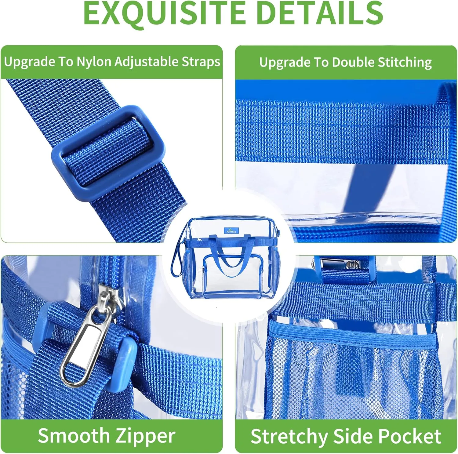 MAY TREE Clear Bag for Stadium Events 12×6×12 Clear Tote Lunch Bag with Reinforced Straps for Work and Sporting Events, Blue