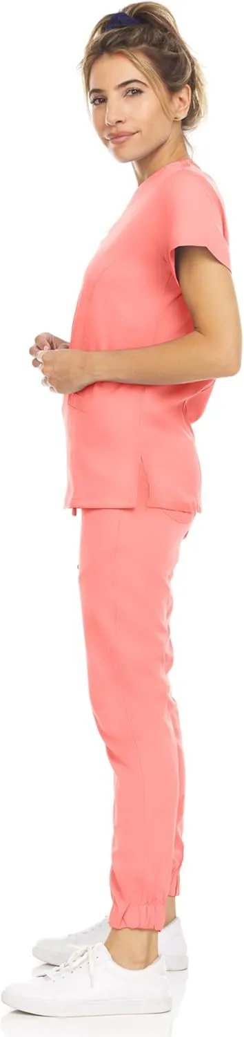 MediChic Scrub Sets for Women – 8-Pocket V-Neck Jogger Scrubs, Anti-Wrinkle, Stretch Medical Nursing Uniforms
