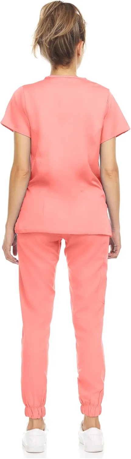 MediChic Scrub Sets for Women – 8-Pocket V-Neck Jogger Scrubs, Anti-Wrinkle, Stretch Medical Nursing Uniforms