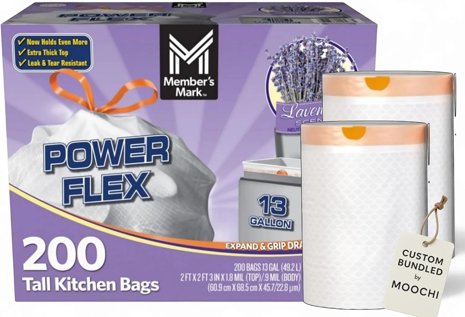 Member-Mark PowerFlex 13 Gallon Lavender-Scented Tall Kitchen Trash Bags, 200 Count with Durable Drawstring Closure Custom Bundled by MOOCHI