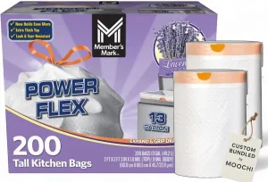 Member-Mark PowerFlex 13 Gallon Lavender-Scented Tall Kitchen Trash Bags, 200 Count with Durable Drawstring Closure Custom Bundled by MOOCHI