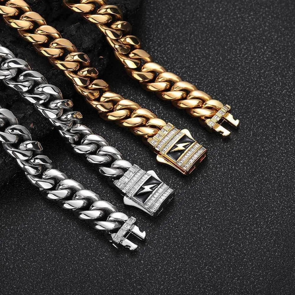 Men's 18K gold or white gold necklace lightning Miami Cuban chain light luxury jewelry suitable for gifting to husbands, fathers, brothers holiday gifts with gift box packaging