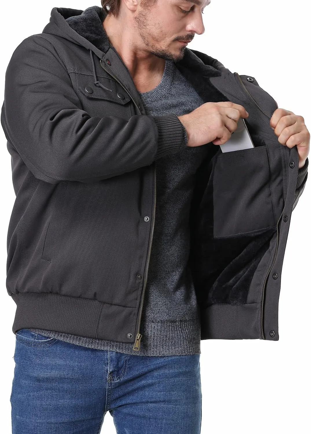 Men's Fit Relaxed Work Coat Fleece Lined Waterproof Workwear Winter Hooded Jacket with Multiple Pockets
