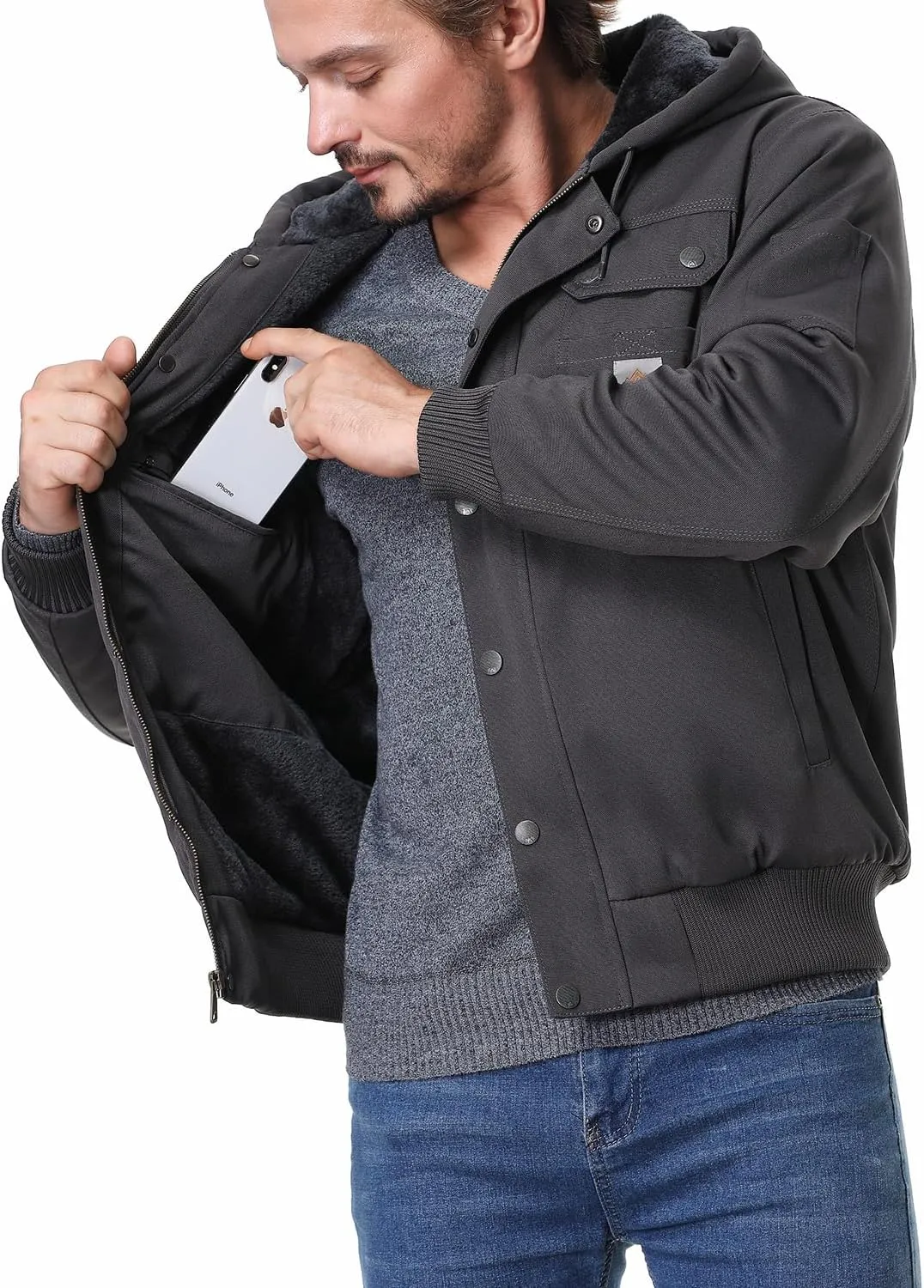 Men's Fit Relaxed Work Coat Fleece Lined Waterproof Workwear Winter Hooded Jacket with Multiple Pockets