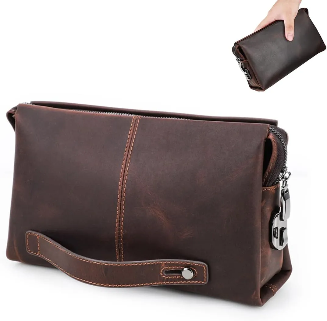 Men's Genuine Leather Handbag Travel Clutch with Wristband, Retro Phone Zipper Pouch Wallet, Large Capacity Business Organizer, Crazy Horse Cow Leather Hand Bag Wristlet Purse for Work Travel Coffee