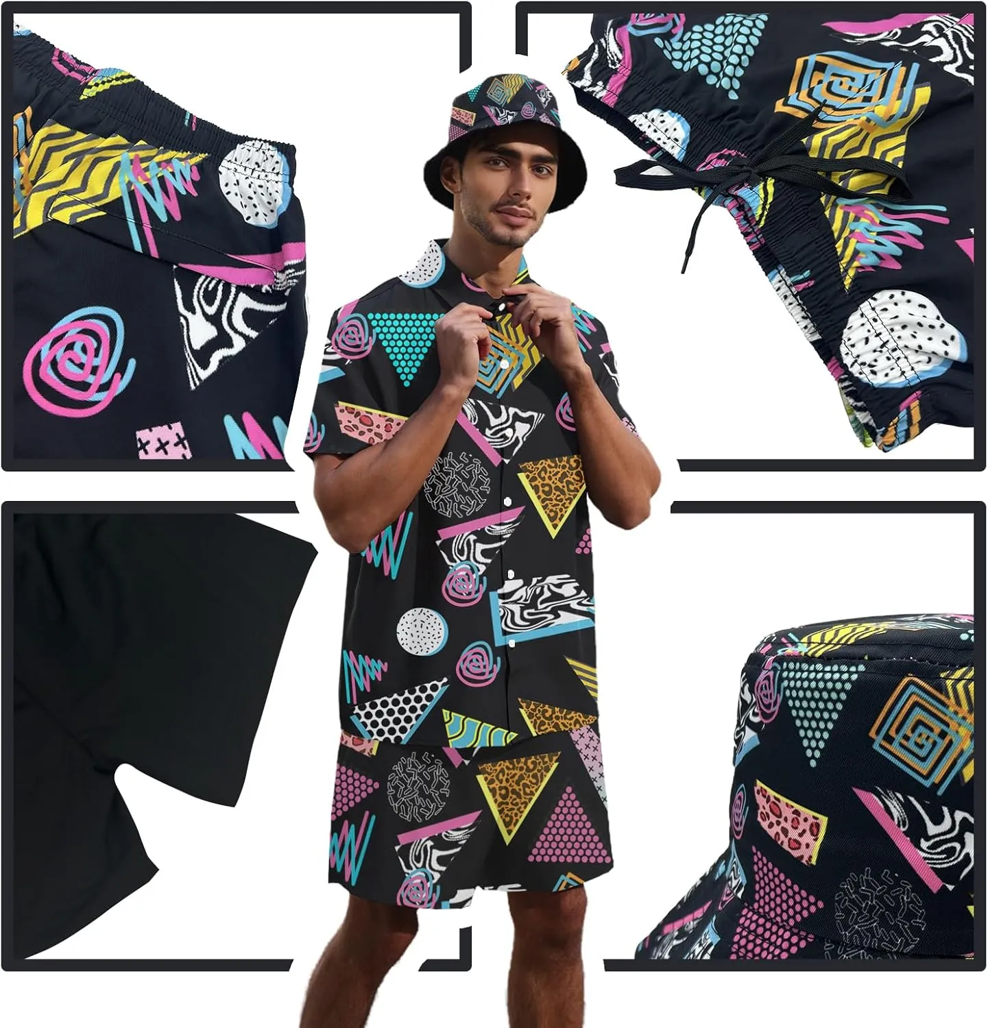 Men's Hawaiian Shirt and Shorts Set 2 Piece Beach Outfits with Bucket Hats for Beach Days and Summer Vibes