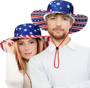 Mepase 2 Pcs Sun Hat American Flag Bucket Hat Sun Protection Hat Patriotic Foldable Wide Brim Hat for 4th of July Hiking