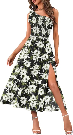 MEROKEETY Women's Summer One Shoulder Sleeveless Knot Smocked Midi Dress Split Tiered Flowy Dresses