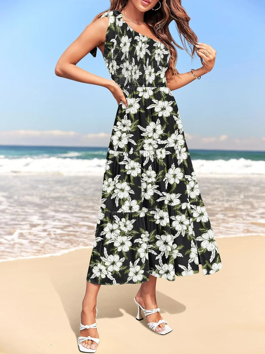 MEROKEETY Women's Summer One Shoulder Sleeveless Knot Smocked Midi Dress Split Tiered Flowy Dresses
