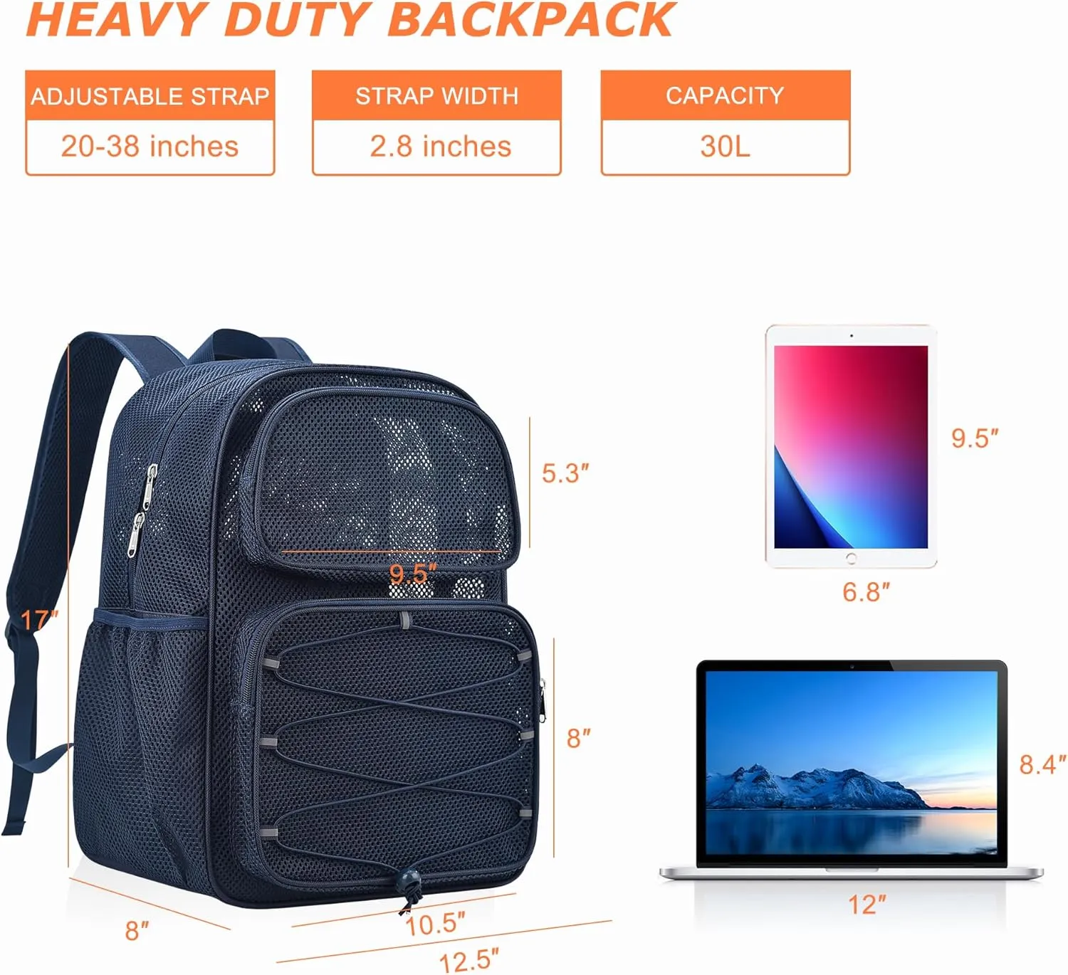 Mesh Backpack Heavy Duty See Through Mesh Bag with Paded Strap Large Capacity for Sports Hiking Travel Outdoor Beach, Blue