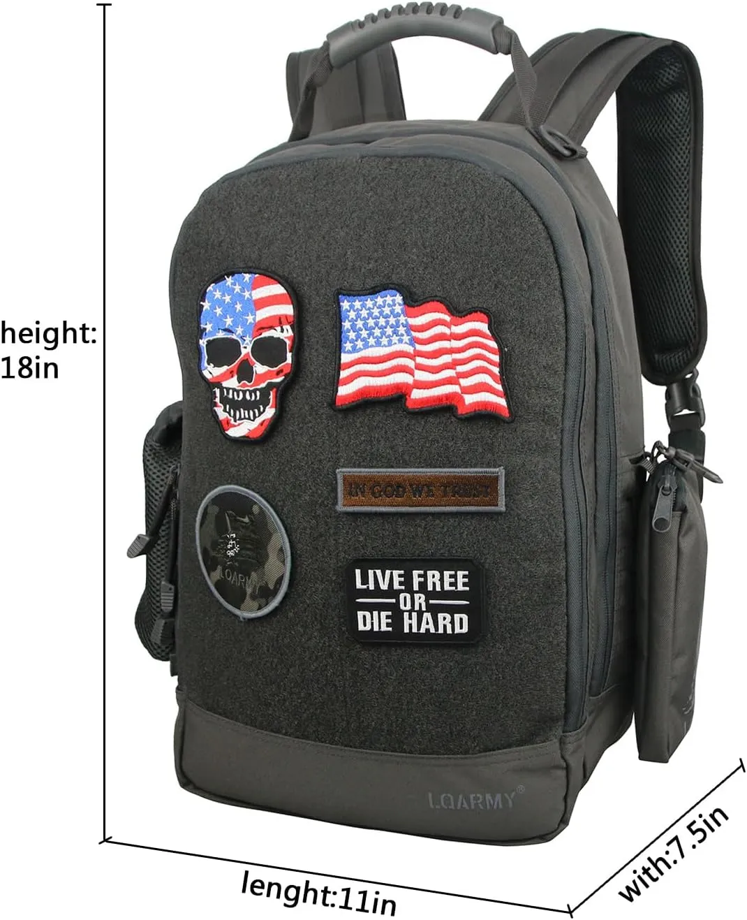 Military Tactical Backpack Work Bag with Five Patches Including 1 US Flags for Outdoor (Grey)