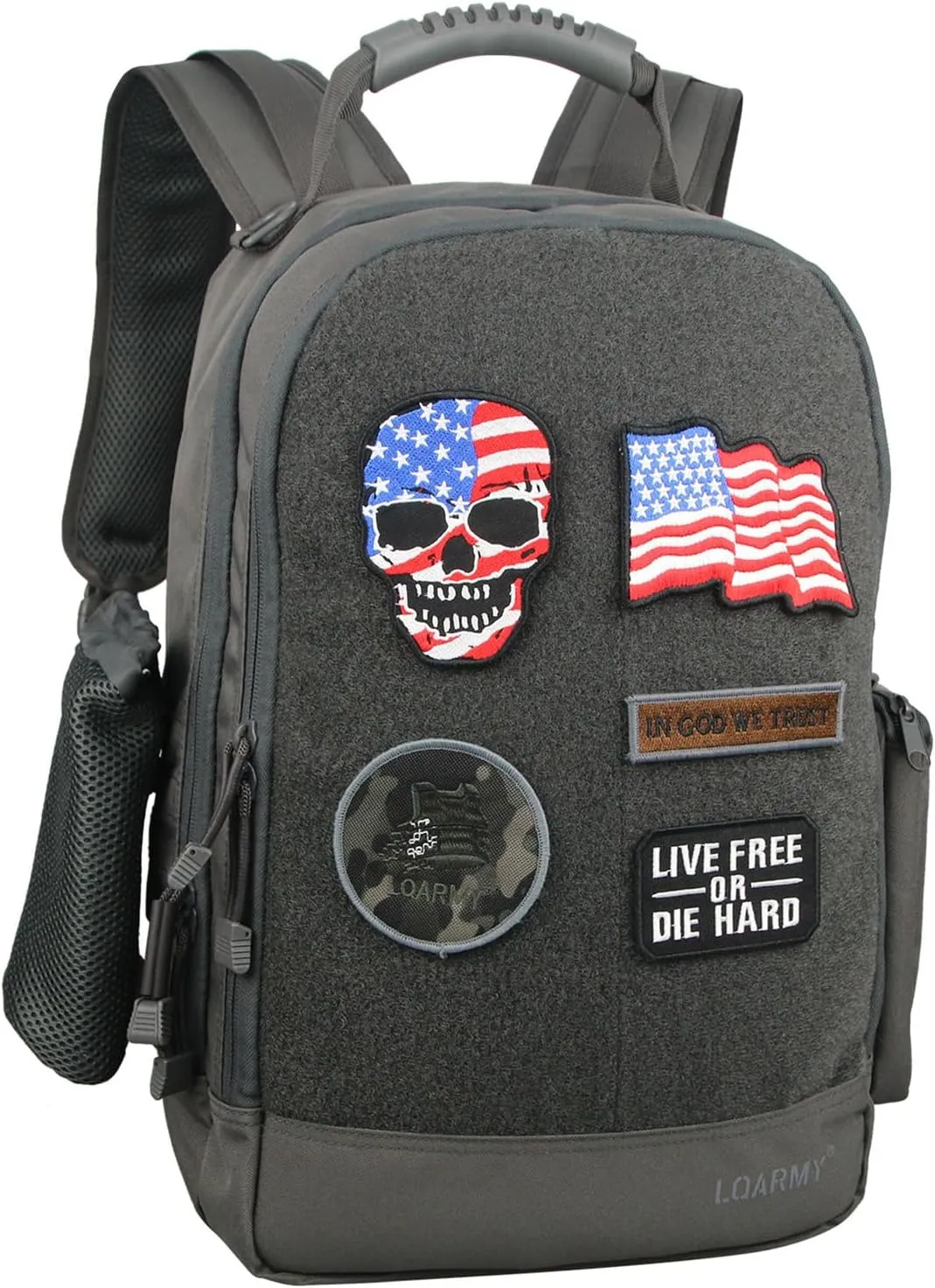 Military Tactical Backpack Work Bag with Five Patches Including 1 US Flags for Outdoor (Grey)