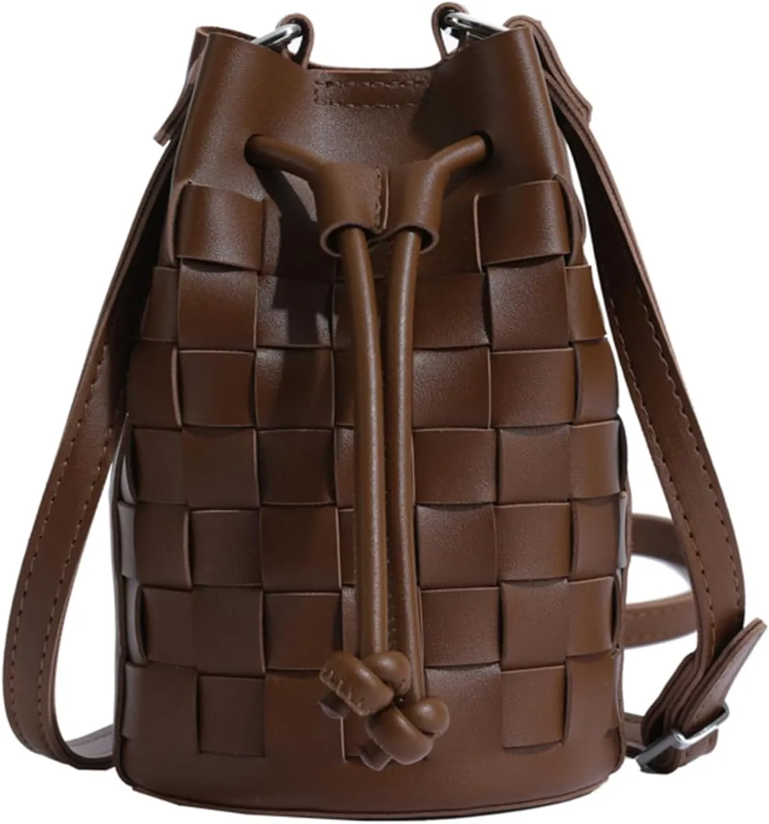 Mini Leather Woven Bucket Bag - Drawstring Purse Hobo Crossbody Handbag