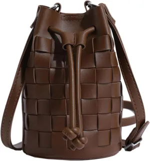 Mini Leather Woven Bucket Bag - Drawstring Purse Hobo Crossbody Handbag