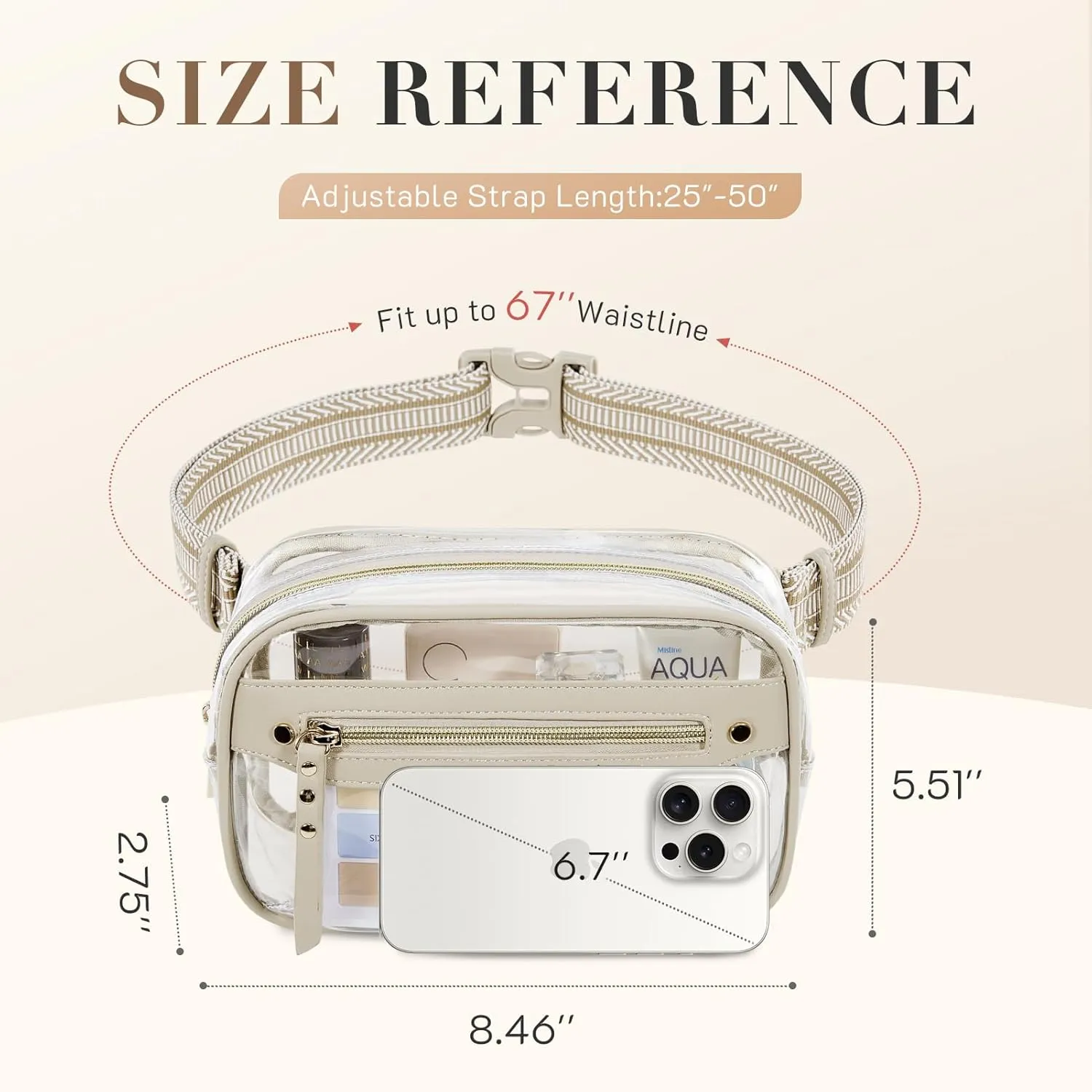 Missnine Clear Fanny Pack Stadium Approved for Women Clear Bag for Stadium Events Concert Clear Belt Bag Transparent Waist Bag with adjustable strap for Sports, Travel, Beach, Khaki