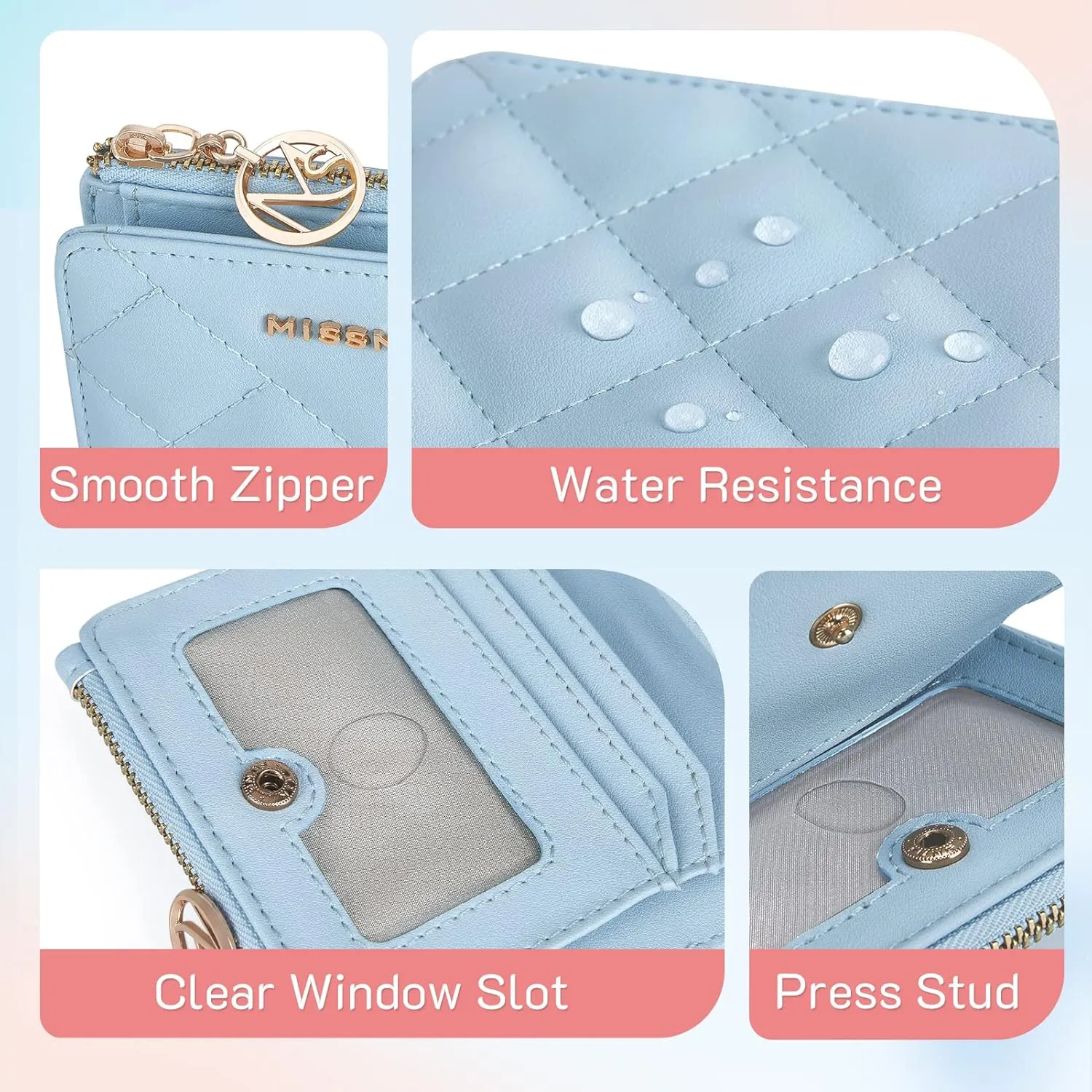 Missnine Small Wallet for Women RFID Card Holder Compact Ladies Wallet Pink Quilted Bifold Purse with ID Window and Coin Pocket