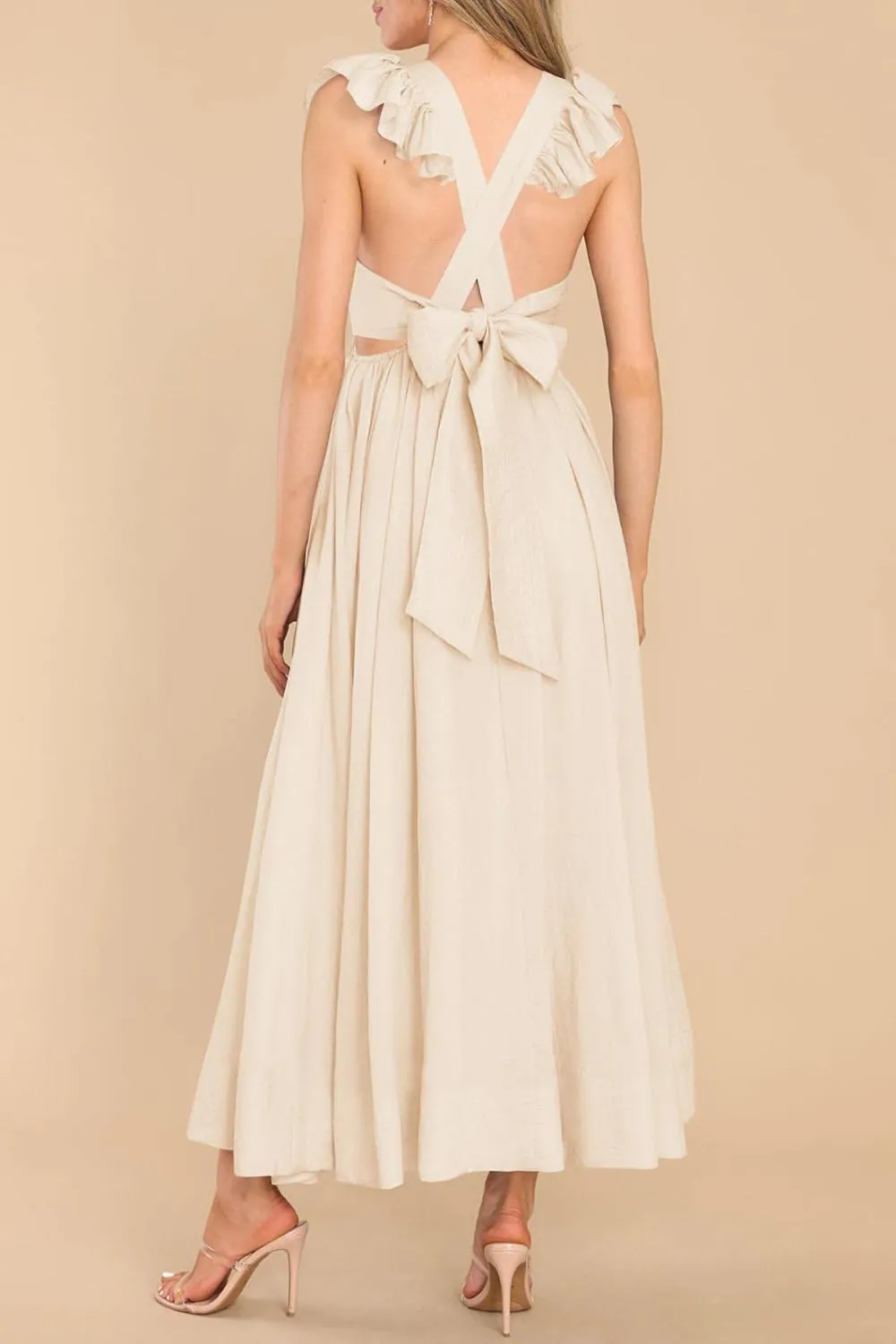MITILLY Women's Summer Flutter Sleeve Square Neck Tie Back Casual Pleated A-Line Flowy Maxi Dress with Pockets