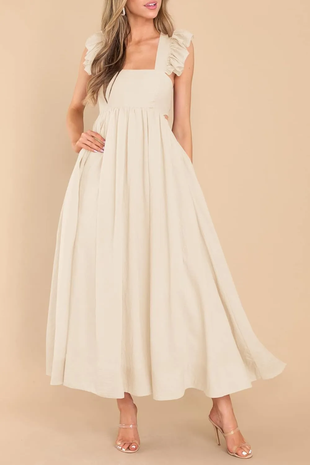 MITILLY Women's Summer Flutter Sleeve Square Neck Tie Back Casual Pleated A-Line Flowy Maxi Dress with Pockets